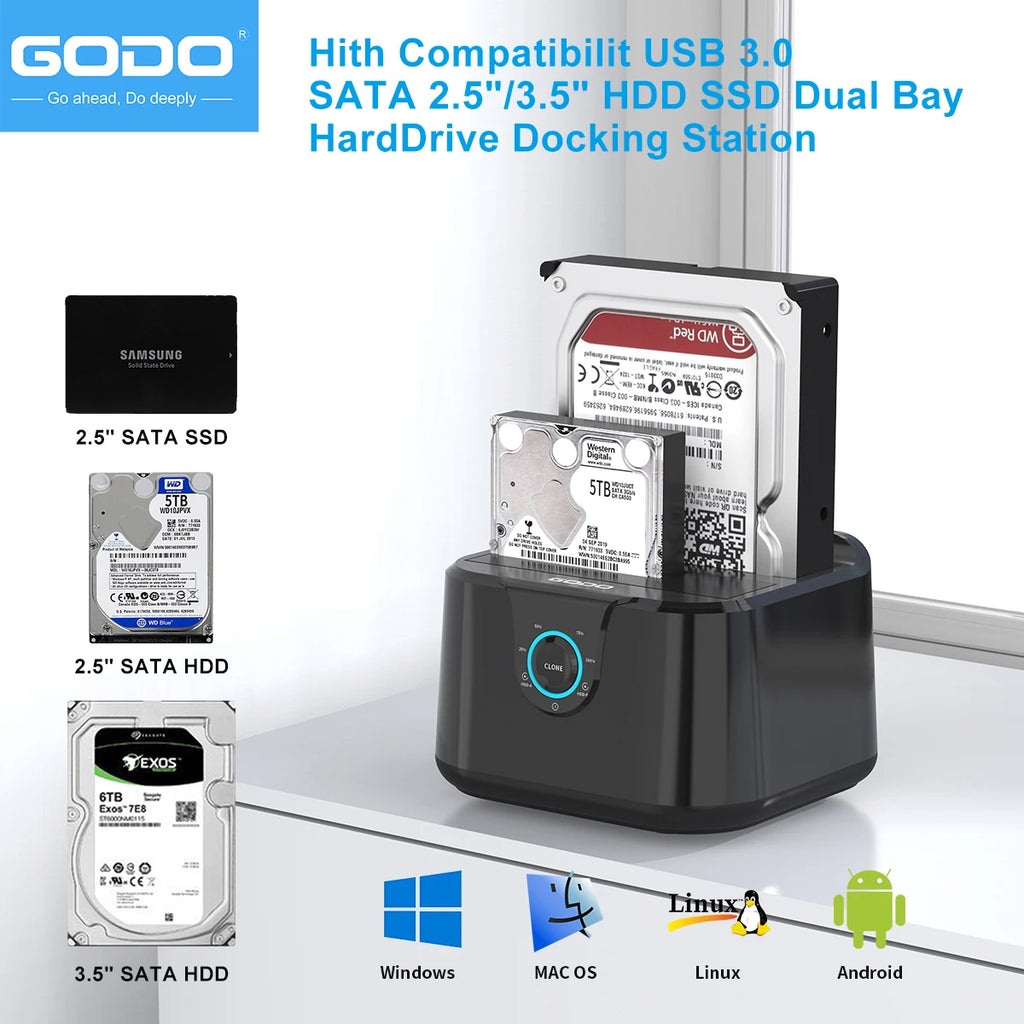 GODO Dual Bay USB 3.0 HDD SSD Docking Station Offline Clone HDD Docking Station PRIMED