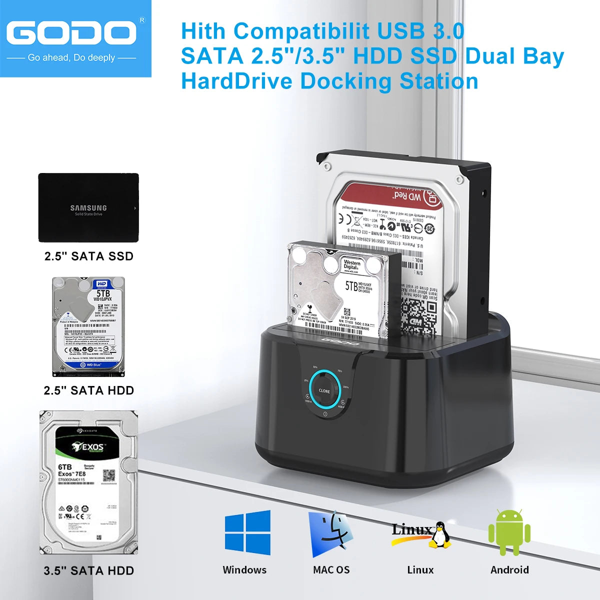 GODO Dual Bay USB 3.0 HDD SSD Docking Station Offline Clone HDD Docking Station PRIMED