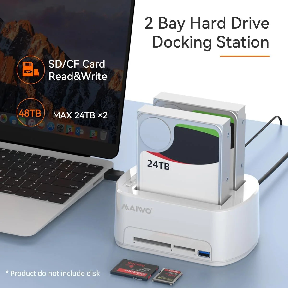 MAIWO Dual Bay HDD Dock USB 3.0, Offline Clone & Card Reader HDD Docking Station PRIMED