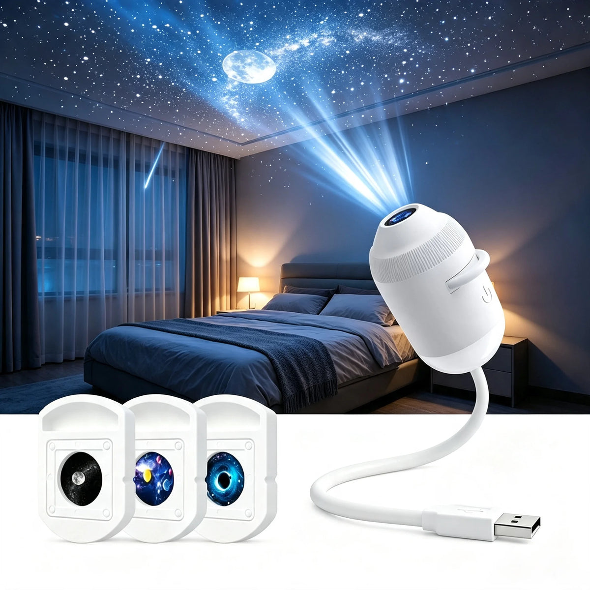 USB Galaxy Star Projector Night Light – 360° Gooseneck, 24 Films