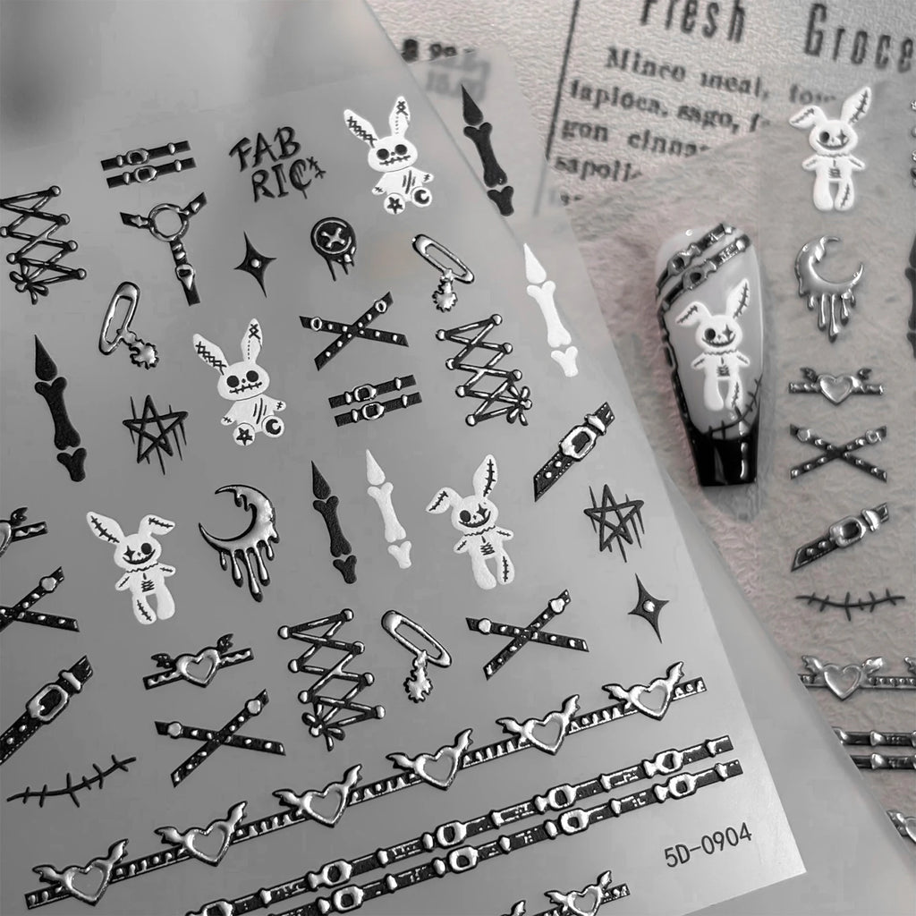 Gothic Punk 3D Nail Stickers – Silver Embossed Halloween Decals Nail Art Stickers PRIMED