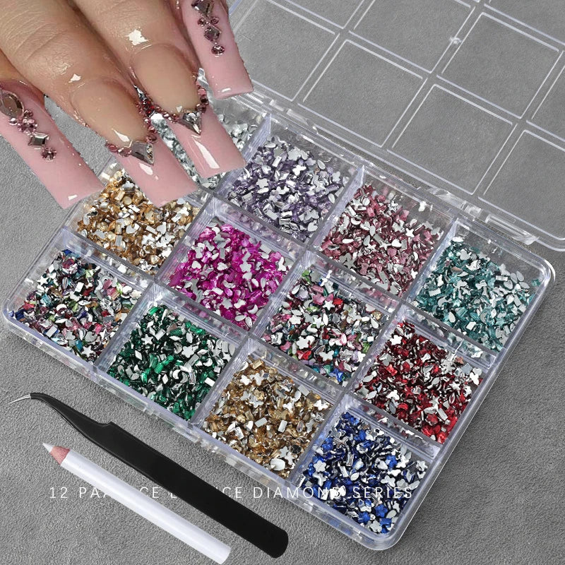 3D Crystal Nail Rhinestones Kit – 12 Shapes, Gems & Tweezer Nail Rhinestone Kit PRIMED