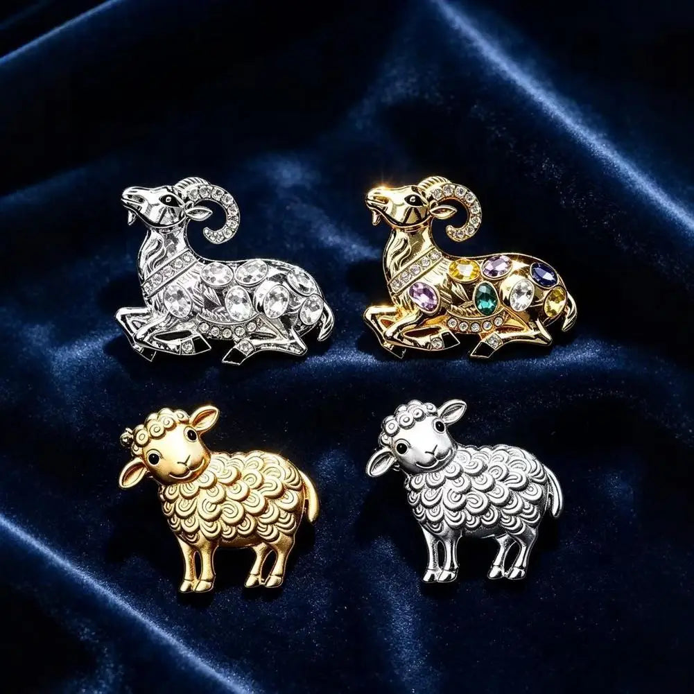 Vintage Sheep Brooch Multicolor Rhinestone Gold-Tone Lapel Pin
