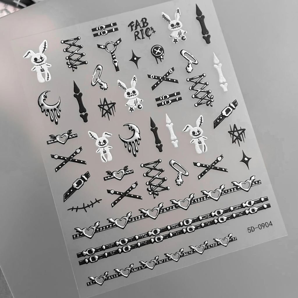 Gothic Punk 3D Nail Stickers – Silver Embossed Halloween Decals Nail Art Stickers PRIMED