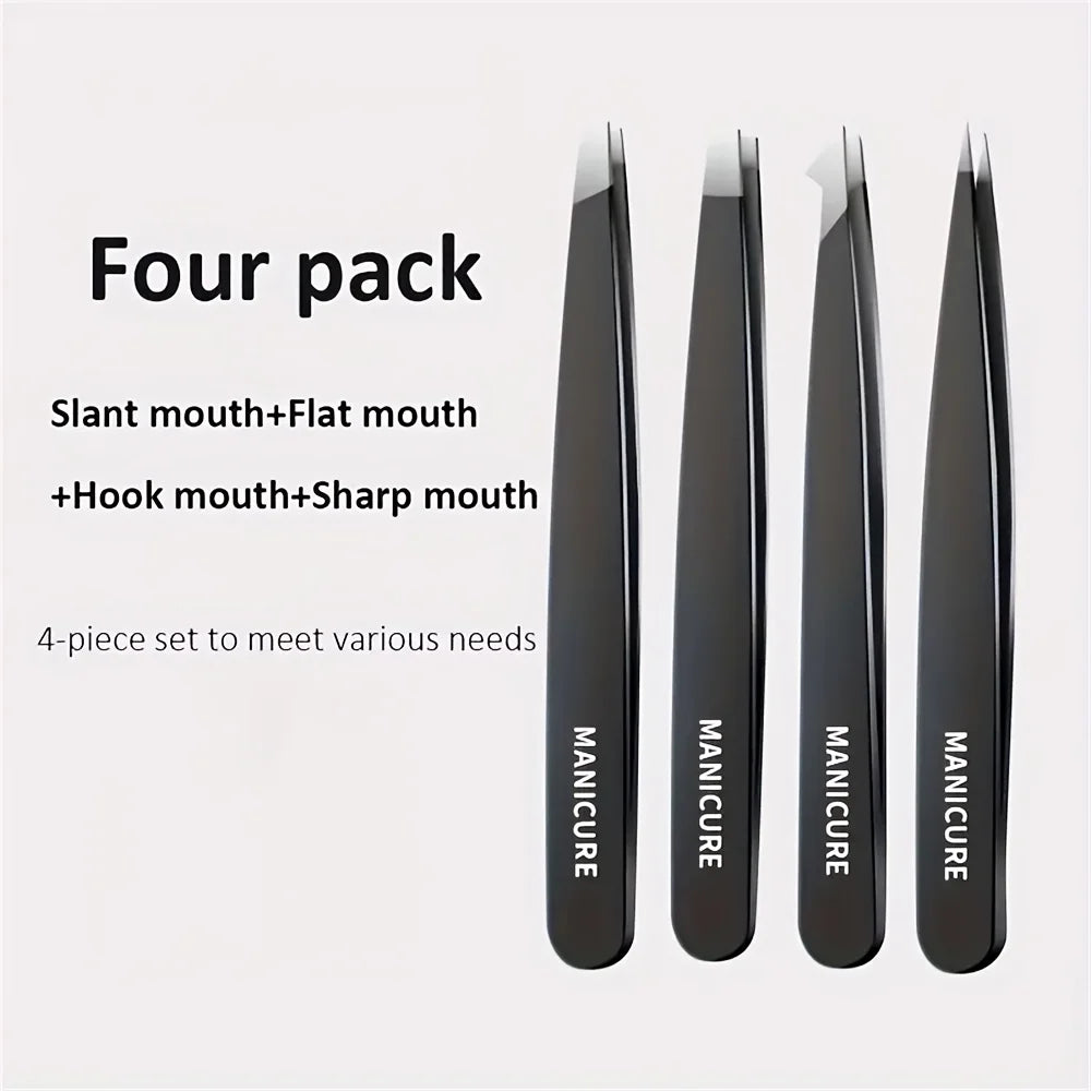 Stainless Steel Tweezer Set – Slant, Point, Flat & Hook Tips Eyebrow Tweezer Set PRIMED