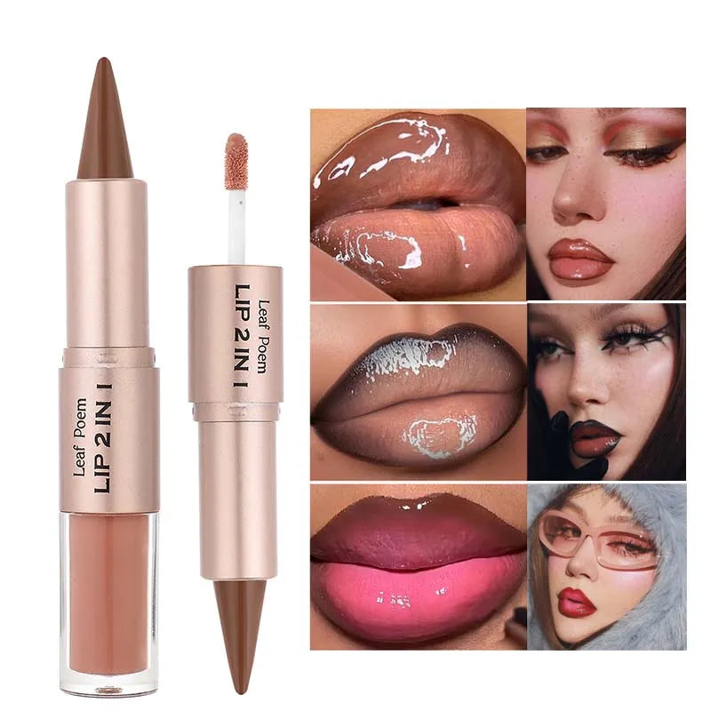 2-in-1 Matte Lip Liner & Mirror Gloss Pencil – Nude Brown Lip Liner Gloss Pen PRIMED