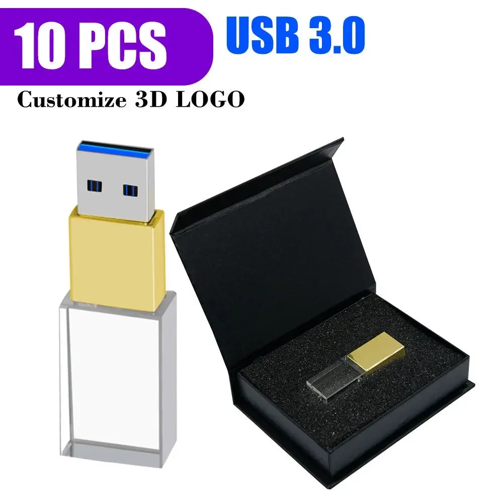 10-Pack Custom Logo Crystal USB 3.0 Flash Drives 8GB–128GB USB Flash Drive PRIMED 64GBX10PCS golden with box