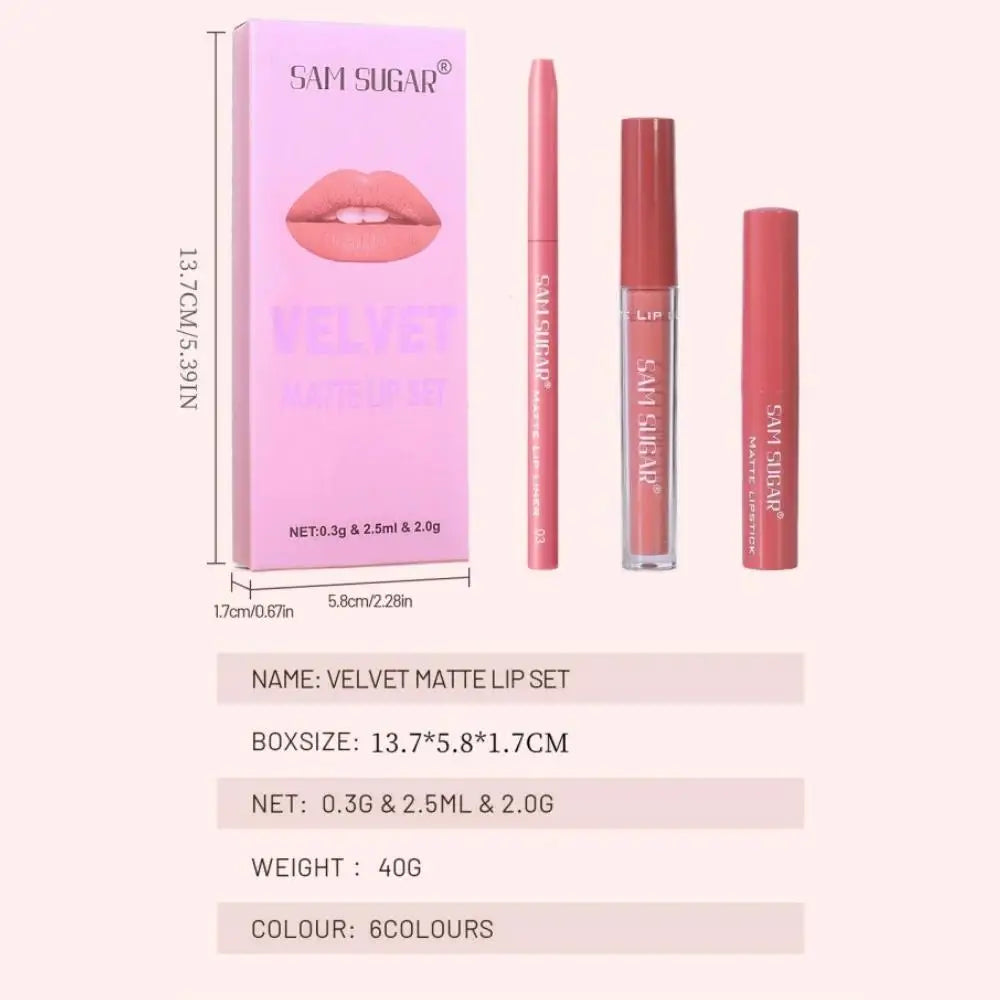 SAM SUGAR 3-in-1 Matte Lip Kit | Long-Lasting Waterproof Set Matte Lip Set PRIMED