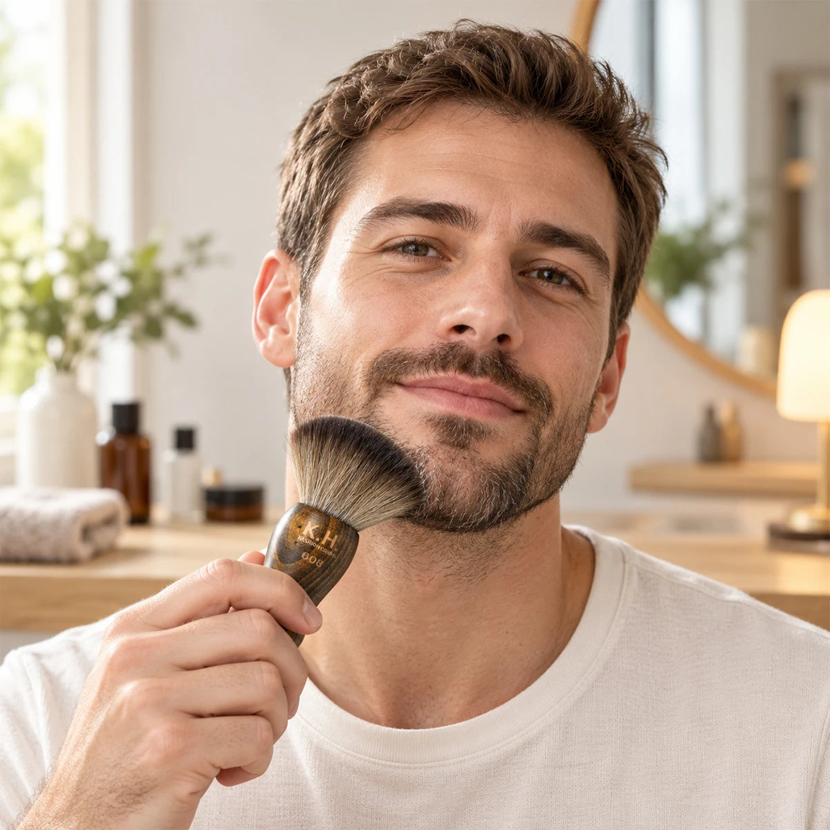 Shaving Brush – Solid Wood Handle, Gold Ferrule & Soft Bristles