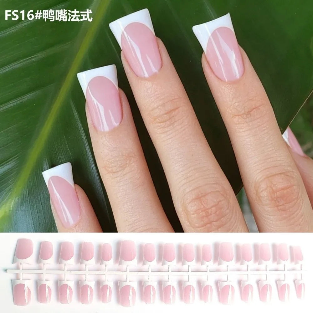 French Duckbill Press-On Nails White Pink Y2K Style 30 Pcs