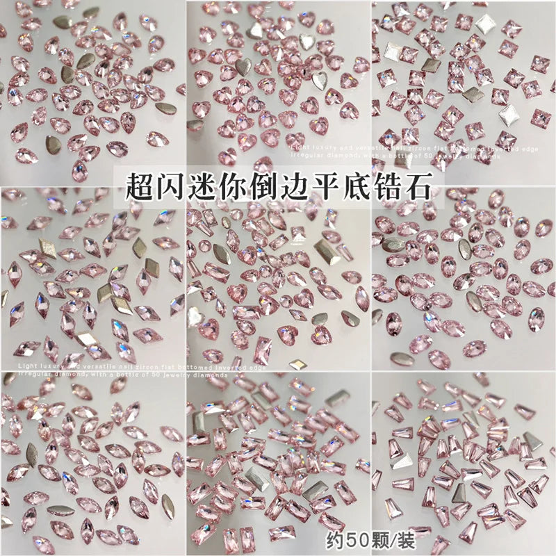 50Pcs Pink Zircon Nail Rhinestones Heart & Oval Manicure Charms Nail Art Rhinestones PRIMED
