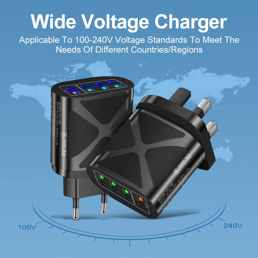 Quick Charge 3.0 4-Port USB Wall Charger | EU US UK Plug USB Wall Charger PRIMED