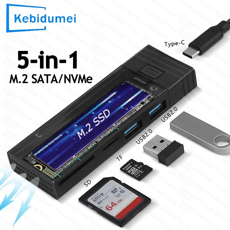 5-in-1 USB-C Hub M.2 NVMe SSD Enclosure SD TF Card Reader SSD Enclosure Hub PRIMED