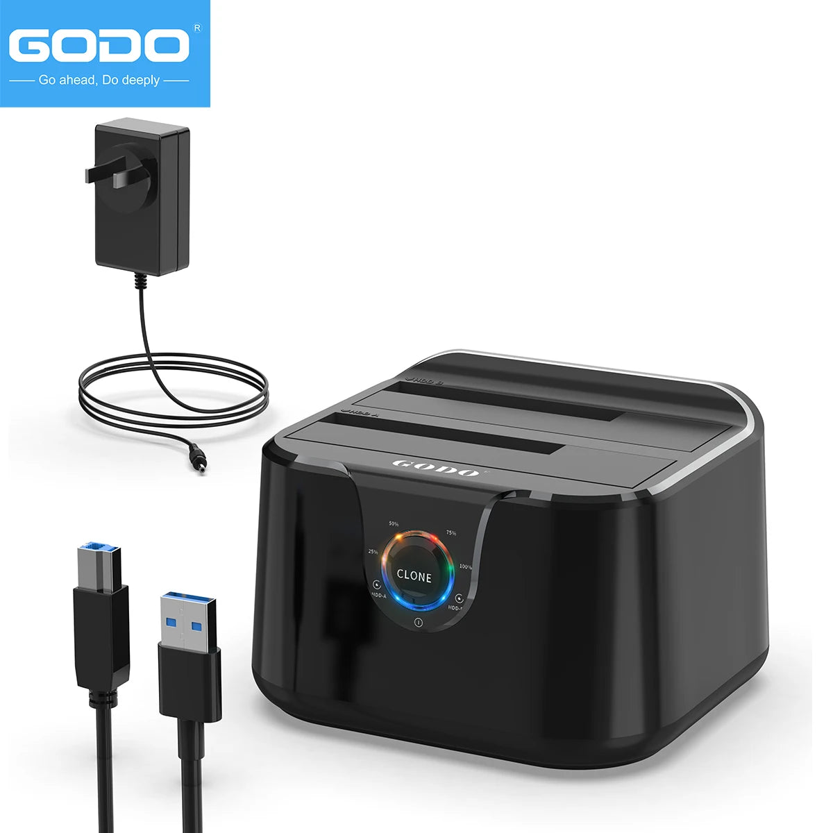 GODO Dual Bay USB 3.0 HDD SSD Docking Station Offline Clone HDD Docking Station PRIMED US Plug SATA