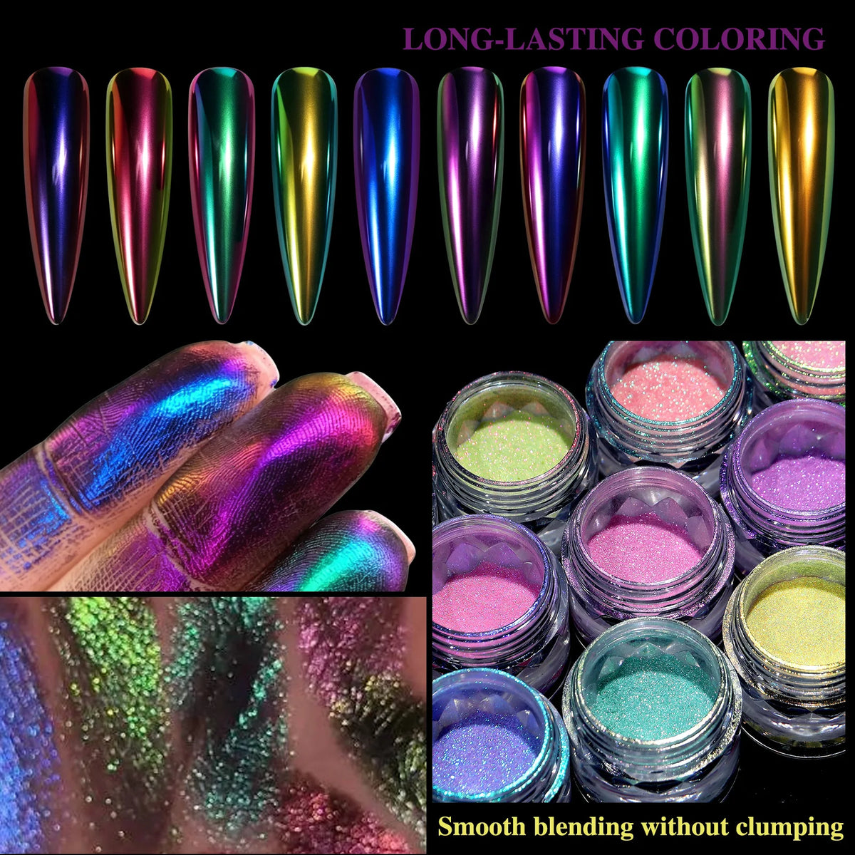 10-Color Aurora Chrome Nail Powder – Iridescent Chameleon Pigment