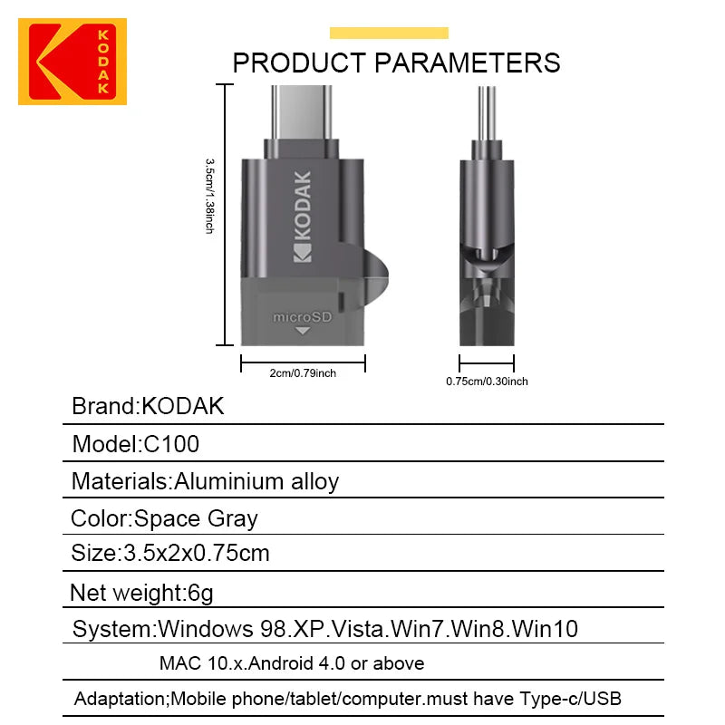 Kodak Type-C Micro SD Card Reader OTG Adapter C100 SD Card Reader PRIMED
