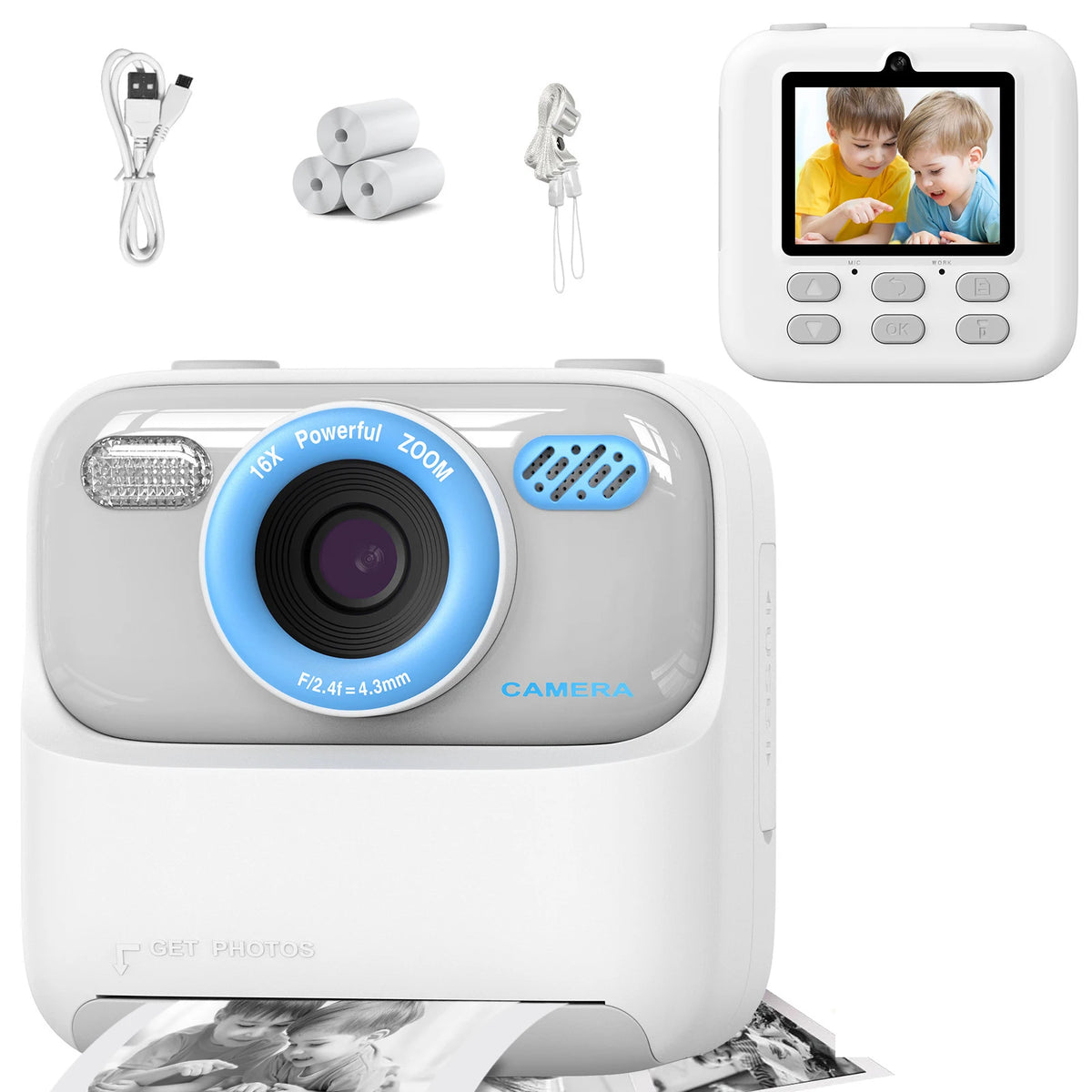 Kids Instant Print Camera 1080P HD | 58mm Thermal, Ages 3–12 Kids Instant Camera PRIMED WH Add 3Rolls
