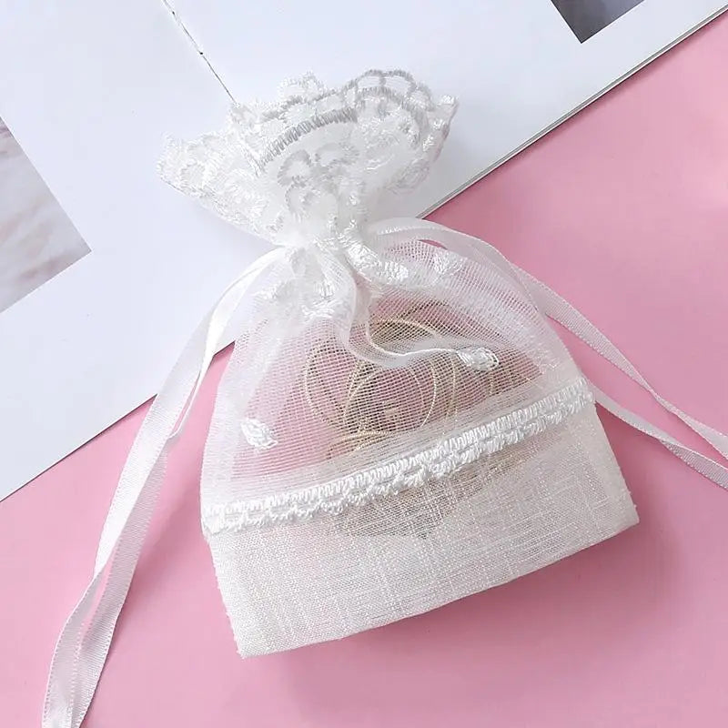 White Gauze Drawstring Gift Bag – Lace Sachet & Jewelry Pouch