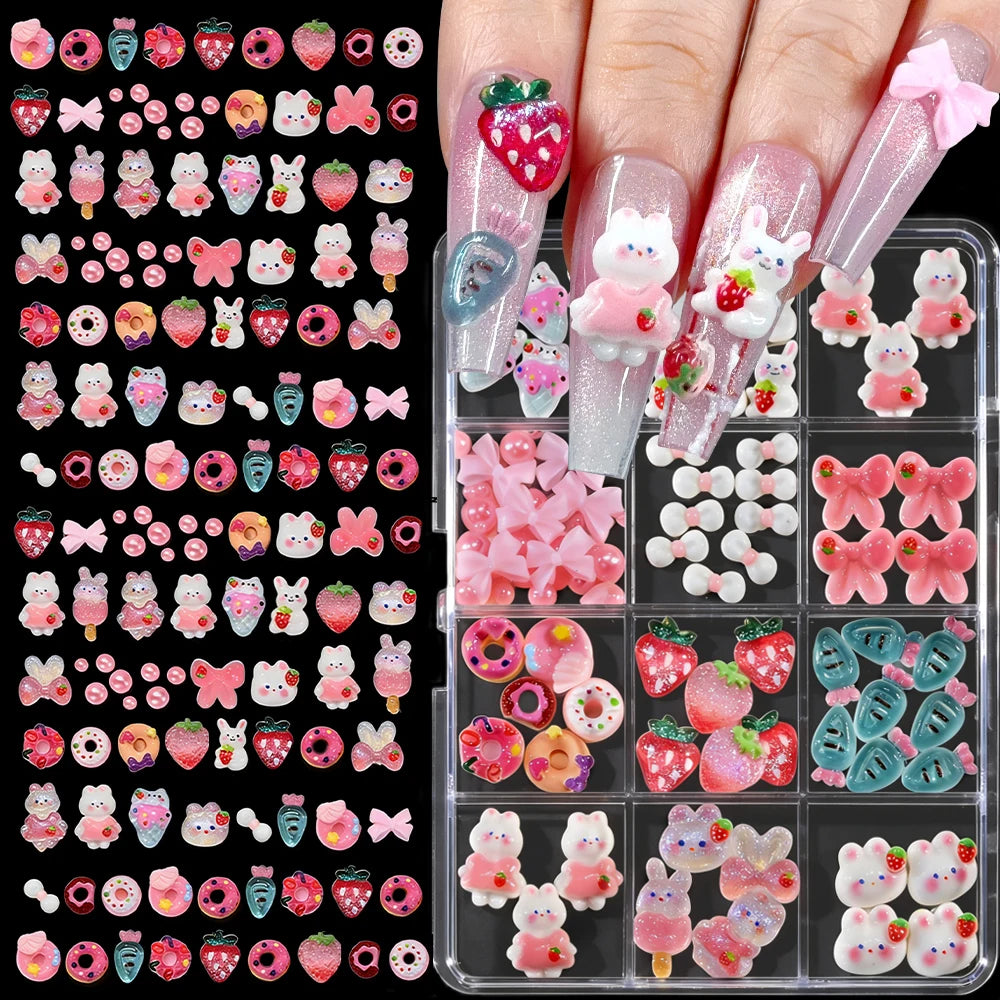12-Grid 3D Nail Charms – Crystal Rabbit, Bow & Fruit Set Nail Art Charms PRIMED