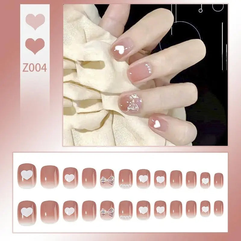 French Press On Nails Set – 24 Short Acrylic Tips with Glue