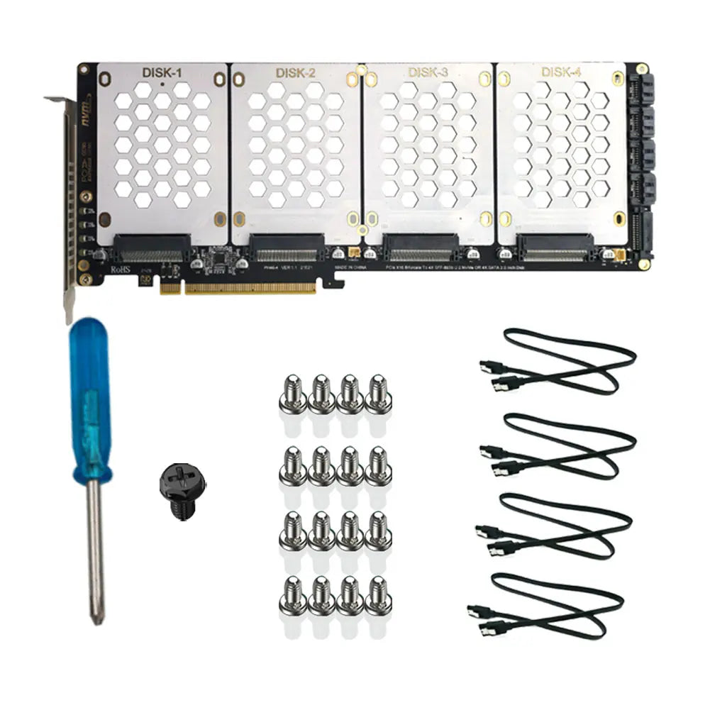 4-Port NVMe PCIe X16 Conversion Card | X4x4x4x4 Bifurcation PCIe Storage Adapter PRIMED Black