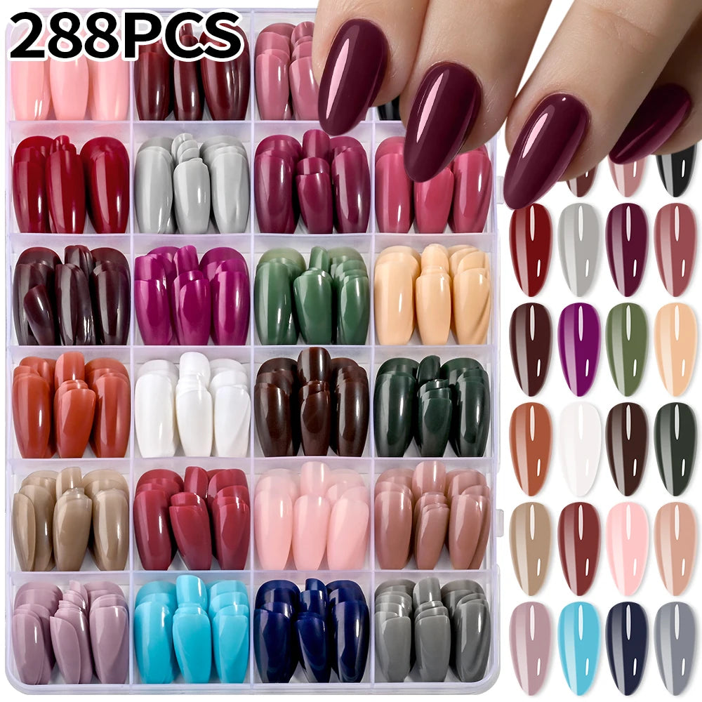 288 Pcs Press On Nails | Glossy Almond Mixed Colors Set