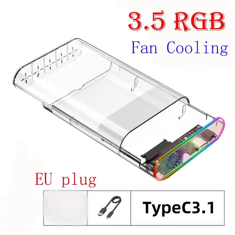 TISHRIC RGB Transparent HDD Enclosure 3.5" 2.5" USB-C + Fan HDD Enclosure PRIMED EU Plug China Mainland