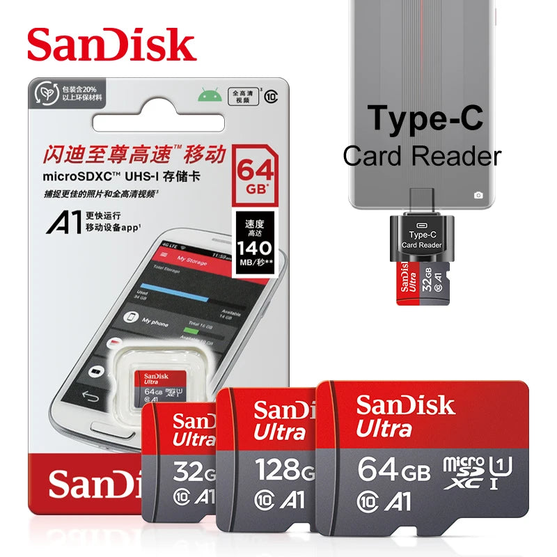 SanDisk A1 Micro SD Card 32–256GB 100MB/s + Type-C Reader Micro SD Card PRIMED