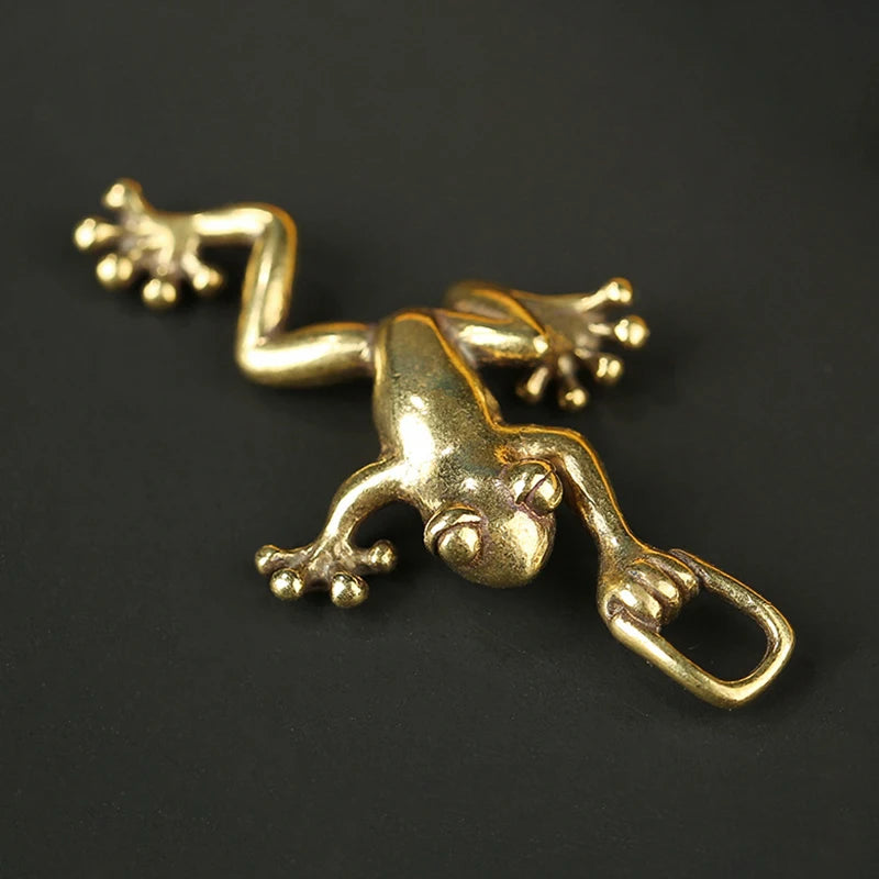 Solid Brass Leaping Frog Statue Keychain & Mini Figurine