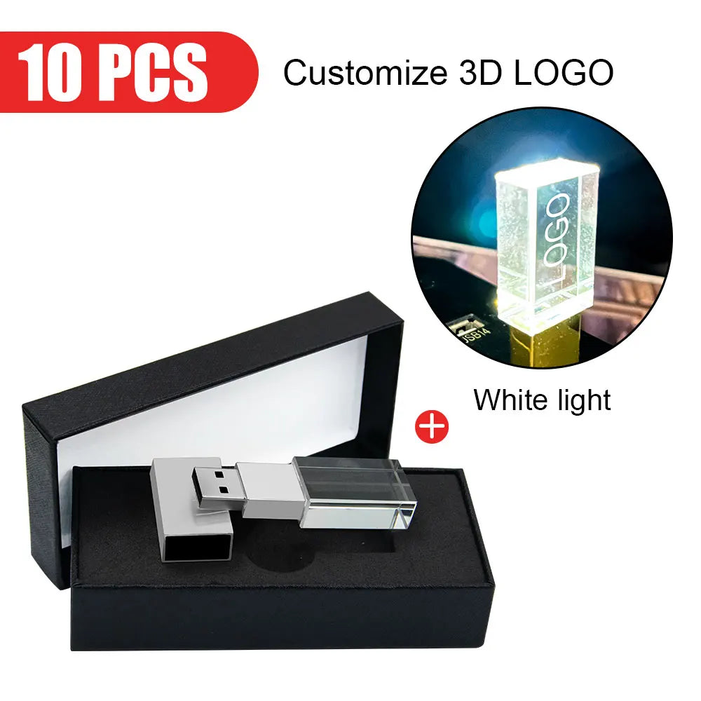10-Pack Crystal USB 2.0 Flash Drive LED Light 4GB–128GB Logo USB Flash Drive PRIMED 4GB Silver-White-box