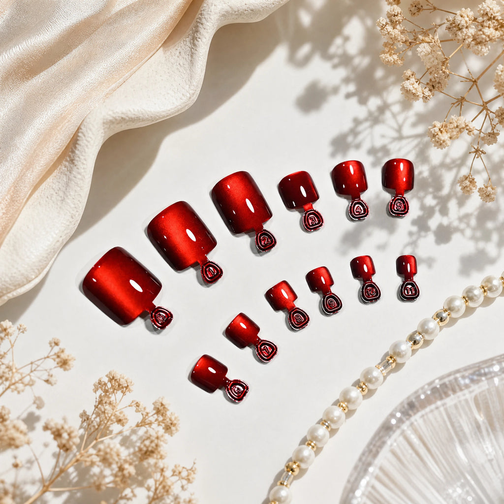 144Pcs Rose Red Cat Eye Press-On Toenails | Short Square Tips Press-On Toenails PRIMED