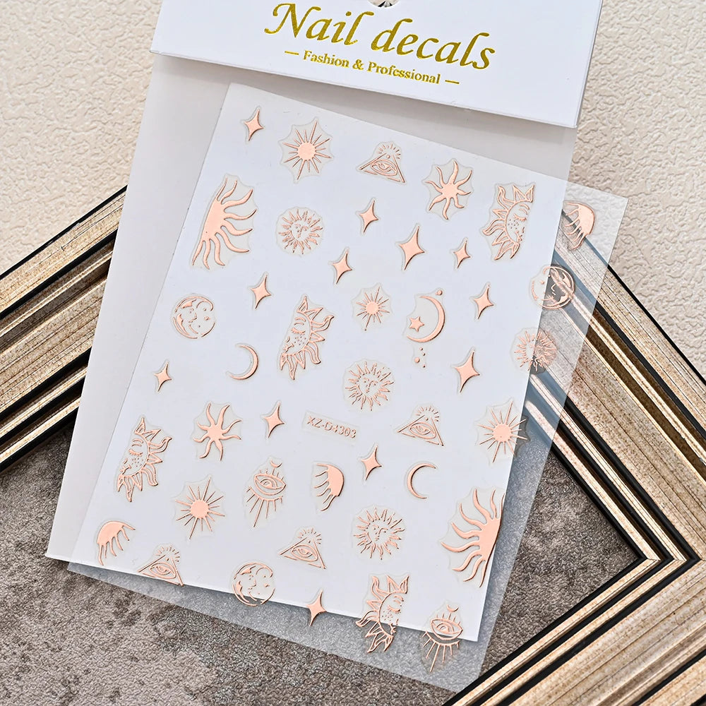 Rose Gold 3D Nail Stickers – Sun Moon Star Bohemian Art