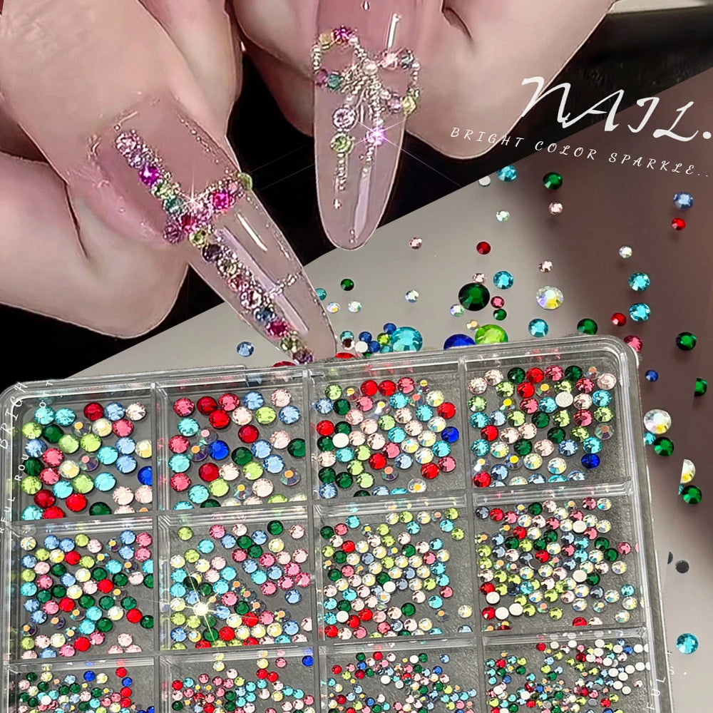 12-Grid Iridescent Flatback Nail Rhinestones – Mixed Crystal Gems Nail Art Rhinestones PRIMED
