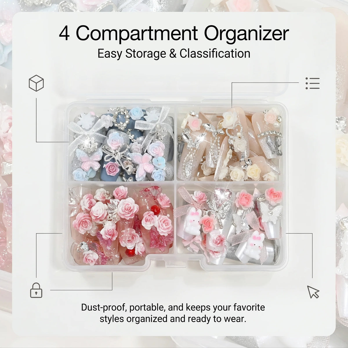 96Pcs Press On Nails Long Coffin Pink Flowers Lace Bows Diamonds