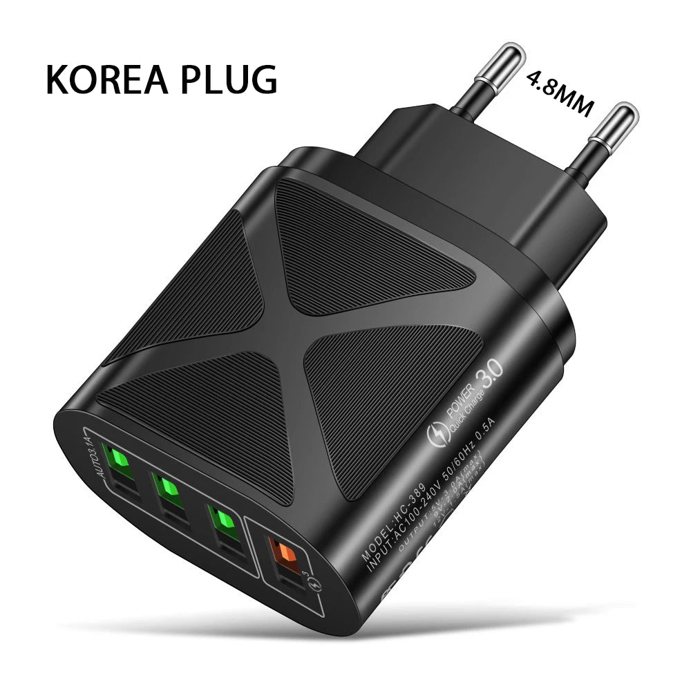 Quick Charge 3.0 4-Port USB Wall Charger | EU US UK Plug USB Wall Charger PRIMED Black KR