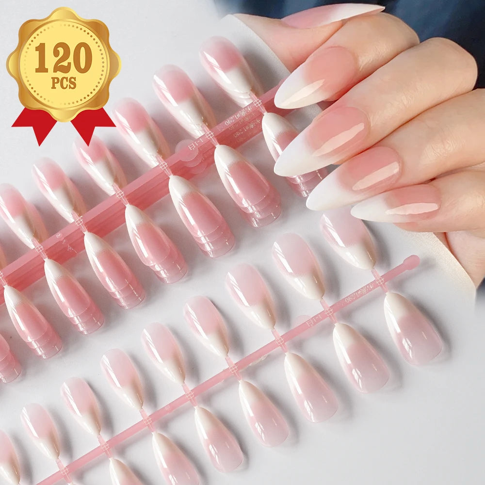 120pcs French Almond Press-On Nails – Nude Pink & White Gradient