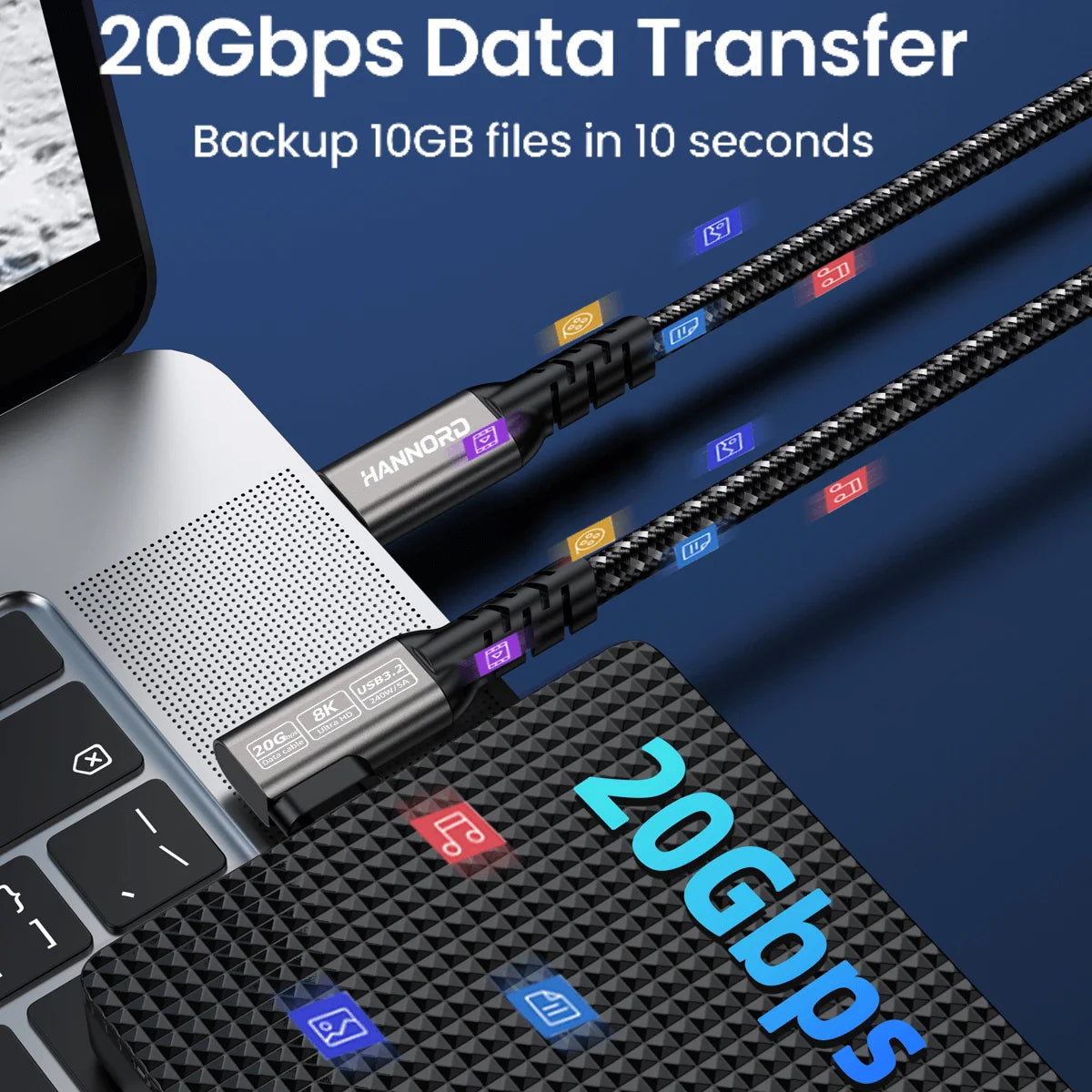 USB-C 3.2 Gen 2 Cable 20Gbps 8K 240W Fast Charging | Hannord USB-C Cable PRIMED