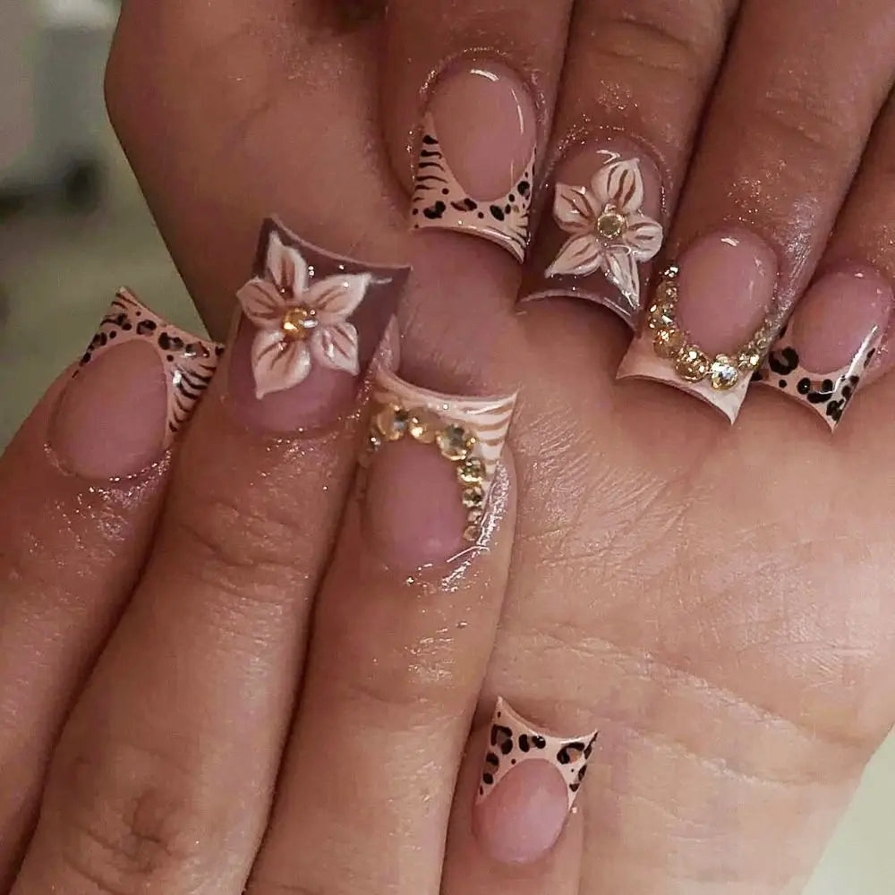 Y2K Press On Nails – Rhinestone 3D Bow & Flower Square Tips