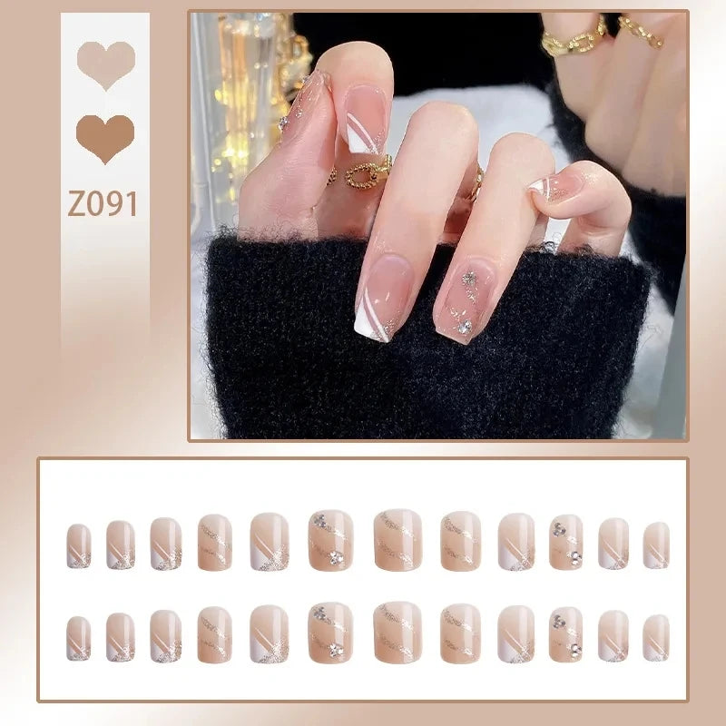 French Press On Nails Set – 24 Short Acrylic Tips with Glue