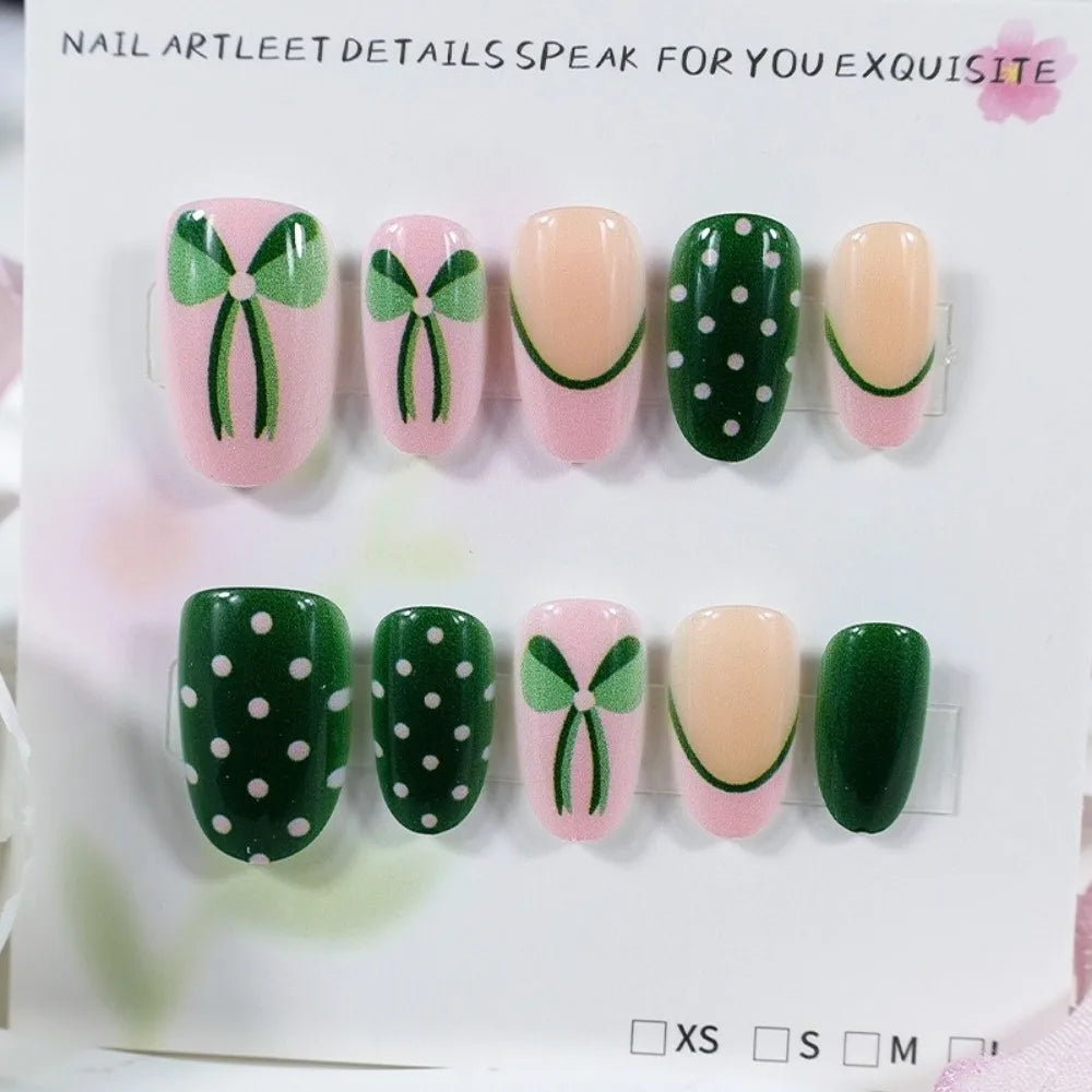 Green Almond Press On Nails French Polka Dot Style 30 Pcs