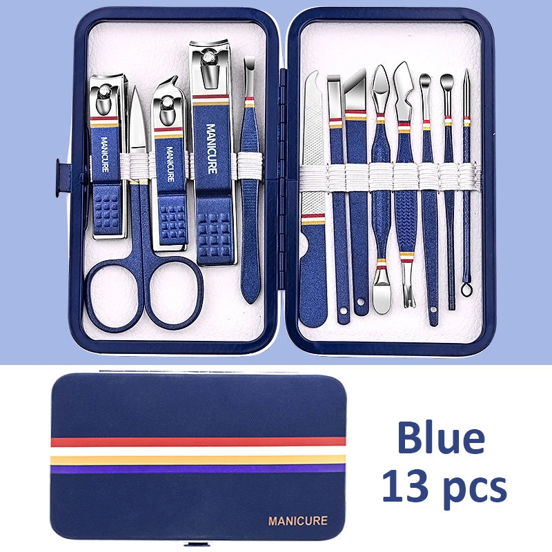 Stainless Steel Manicure Set 9–19 Pcs | Nail Clippers & Bag Manicure Tool Set PRIMED Blue 13 pcs