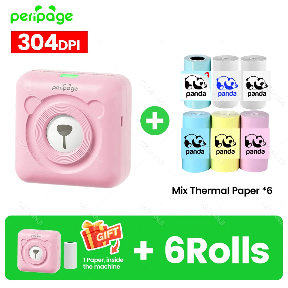 PeriPage A6 304DPI Bluetooth Mini Thermal Photo & Label Printer Mini Thermal Printer PRIMED 304PK add 6Rolls