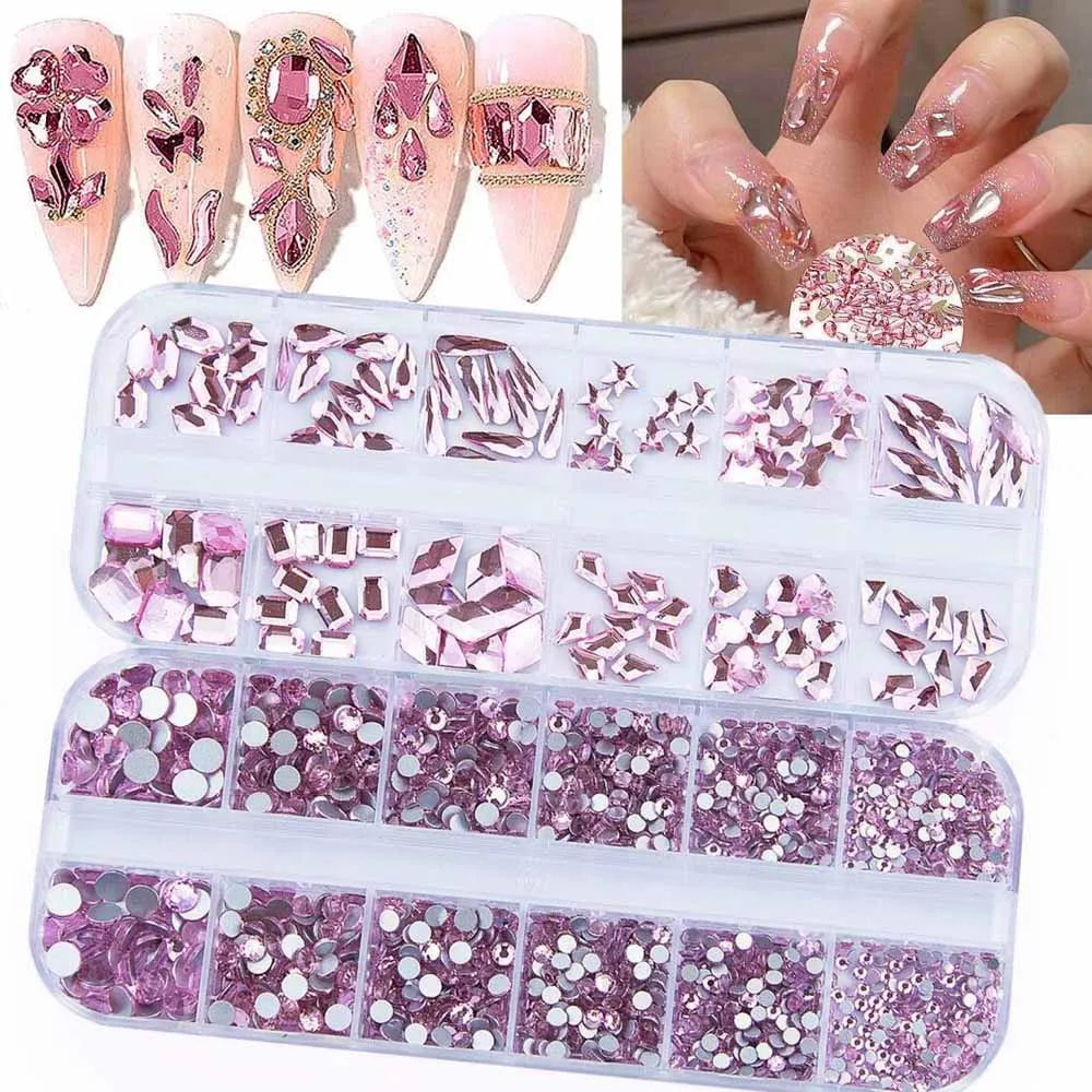 12-Grid Pink Mirror Nail Rhinestones – Mixed Crystal Art Set Nail Art Rhinestones PRIMED