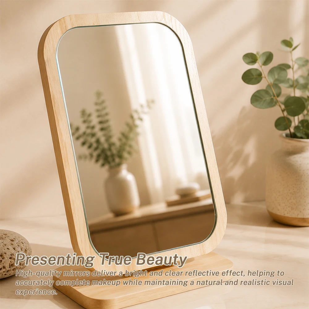 Wooden Vanity Makeup Mirror HD 360° Rotating Folding Desktop