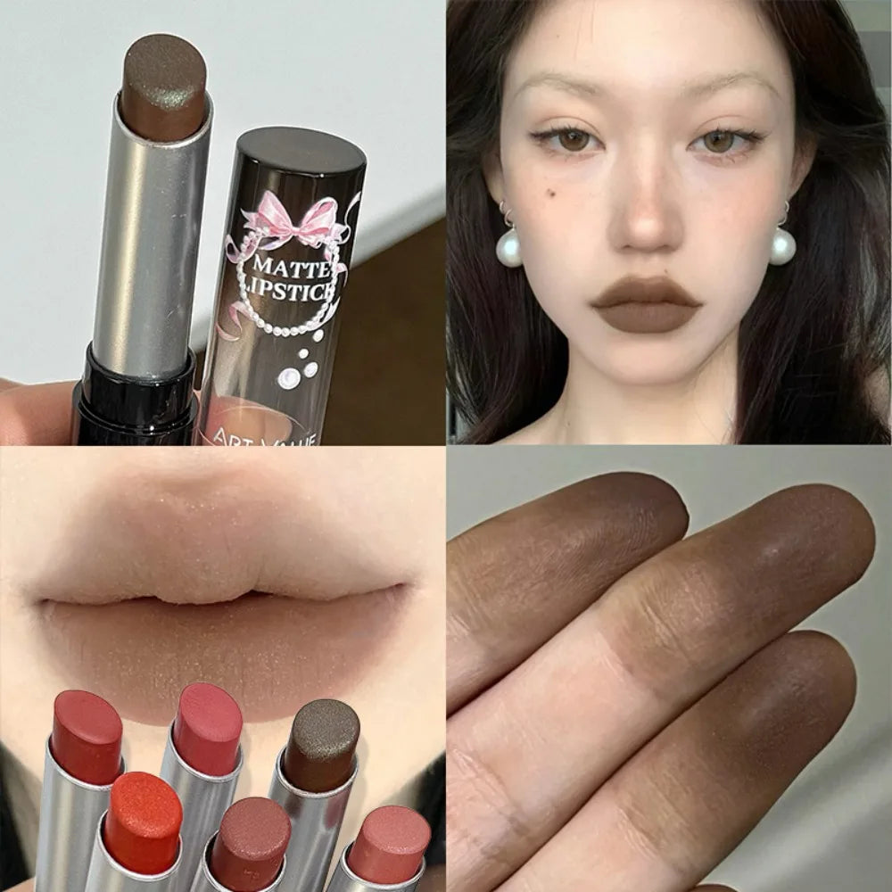 Velvet Matte Glitter Lipstick – Nude Brown Long-Lasting