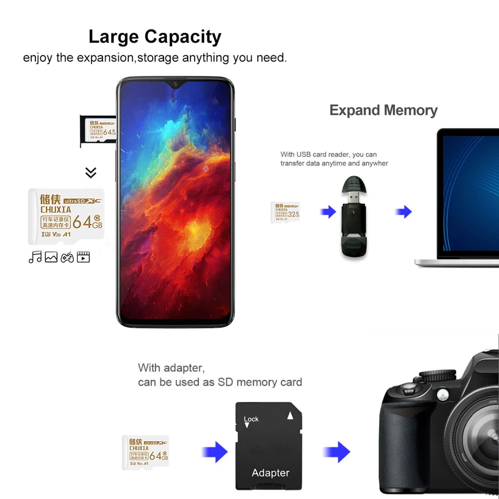 Micro SD Card 64GB 128GB Class 10 TF Flash Card + SD Adapter Micro SD Flash Card PRIMED