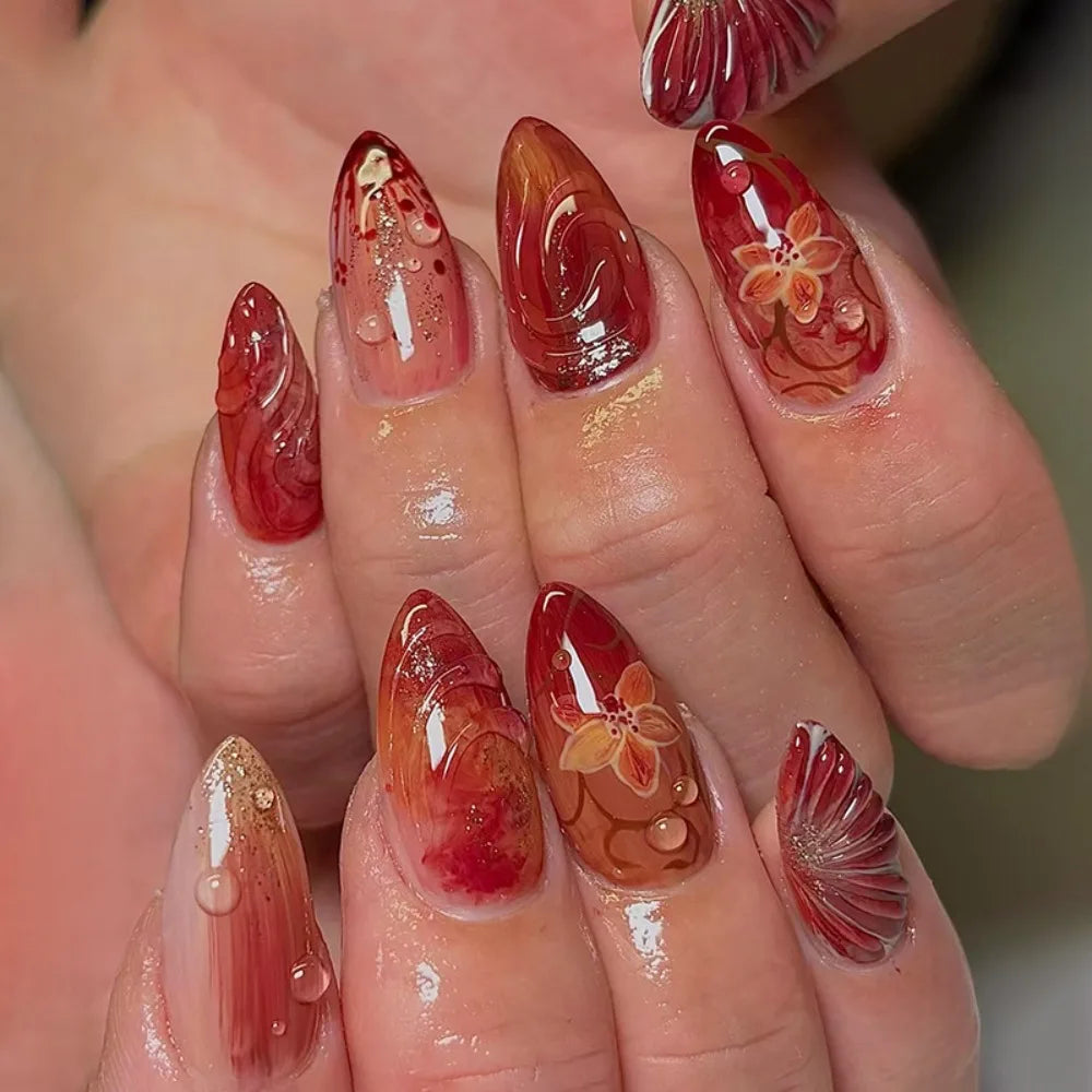 Almond Press-On Nails – French Floral & Fruit Designs 24pc