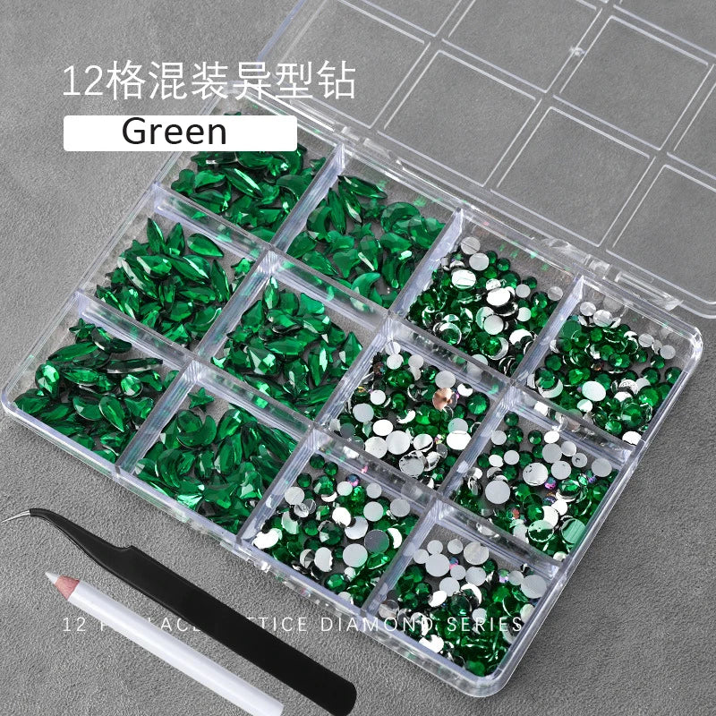3D Crystal Nail Rhinestones Kit – 12 Shapes, Gems & Tweezer Nail Rhinestone Kit PRIMED ZB148-9