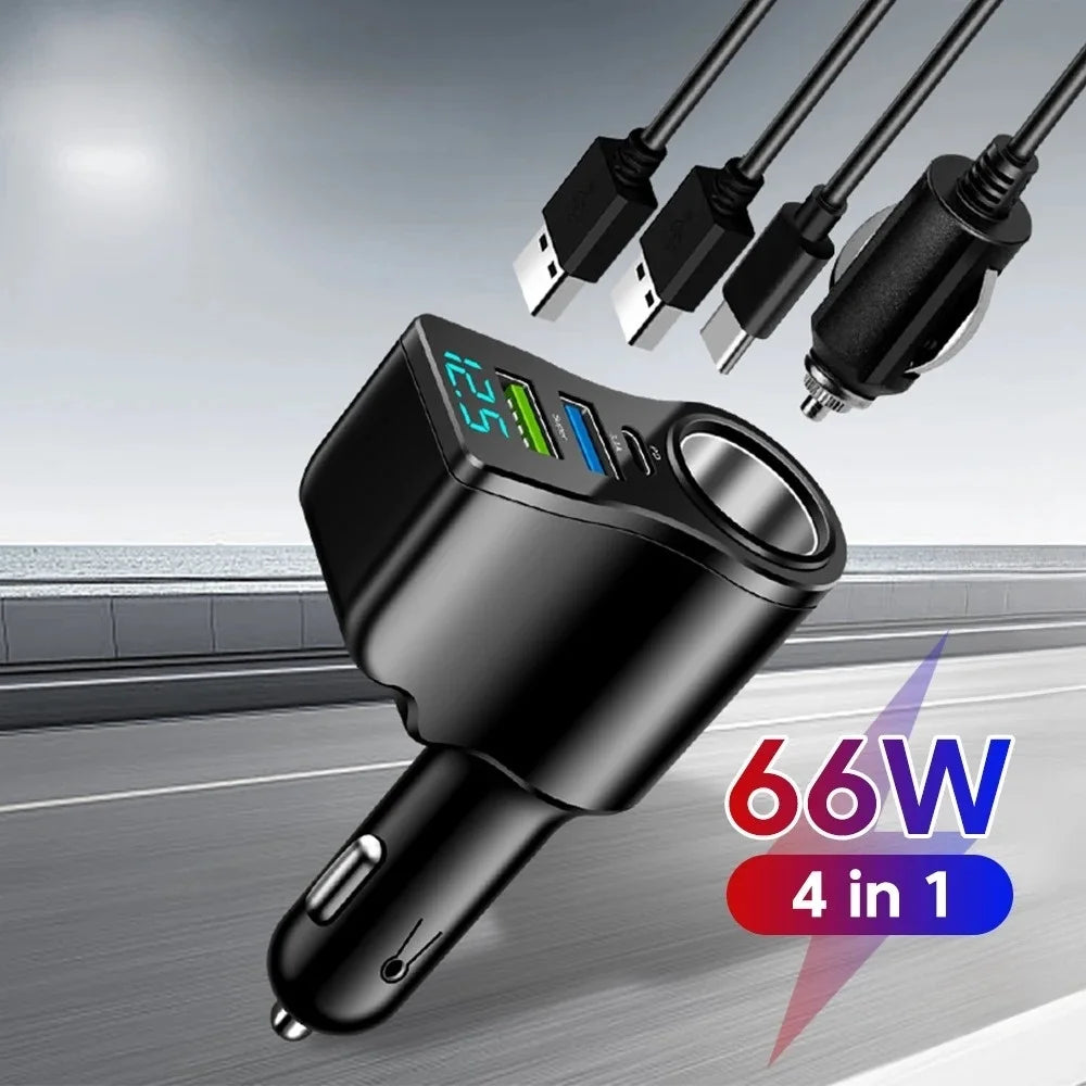 66W Digital Car Charger – Dual USB & PD Fast Charging Adapter Car Charger Adapter PRIMED