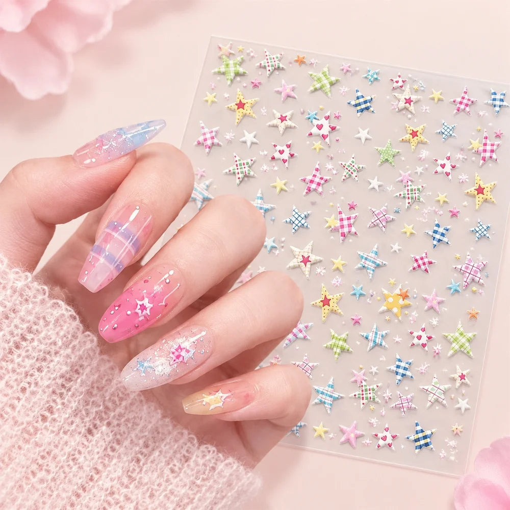 Y2K 5D Embossed Nail Stickers – Plaid & Star DIY Decals